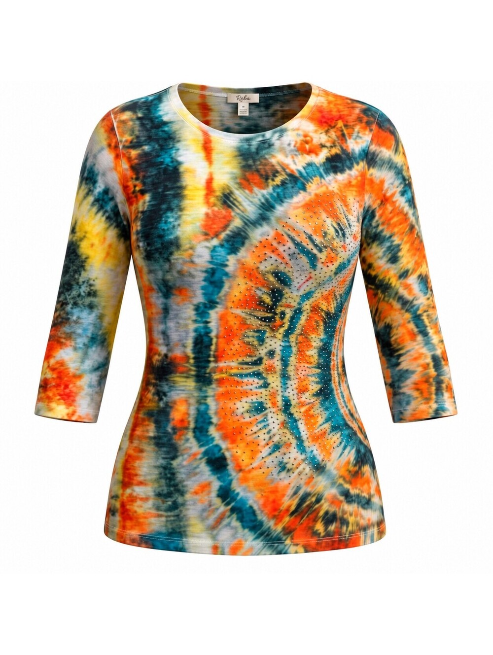 Reba Women’s Tie Dye Rhinestone Top Medium 3/4 Sleeve Boho Bling Shirt